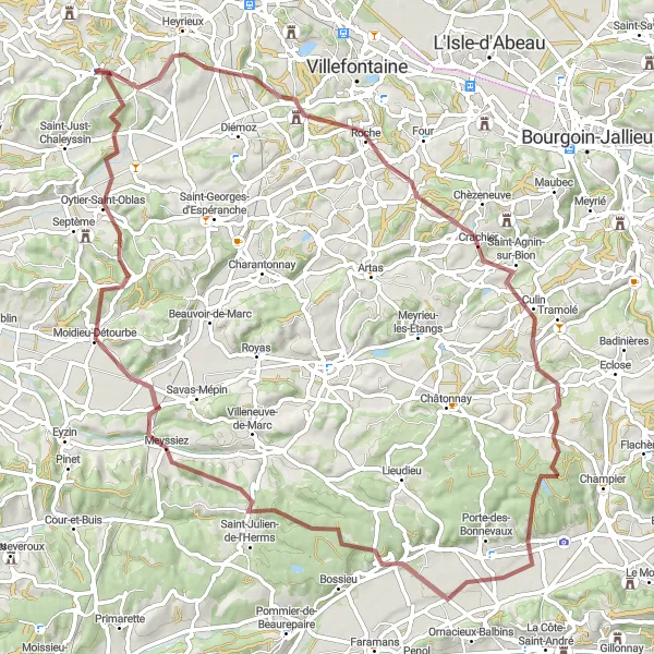 Miniatua del mapa de inspiración ciclista "Ruta de ciclismo de grava por los alrededores de Valencin" en Rhône-Alpes, France. Generado por Tarmacs.app planificador de rutas ciclistas