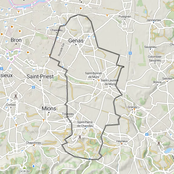 Map miniature of "Valencin Road Loop" cycling inspiration in Rhône-Alpes, France. Generated by Tarmacs.app cycling route planner