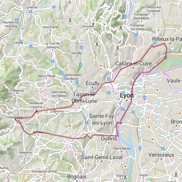 Zemljevid v pomanjšavi "Pustolovščina po makadamskih poteh v okolici Vaugneray" kolesarske inspiracije v Rhône-Alpes, France. Generirano z načrtovalcem kolesarskih poti Tarmacs.app