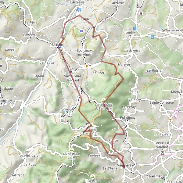 Miniatuurkaart van de fietsinspiratie "Gravelroute naar Col de la Luère" in Rhône-Alpes, France. Gemaakt door de Tarmacs.app fietsrouteplanner