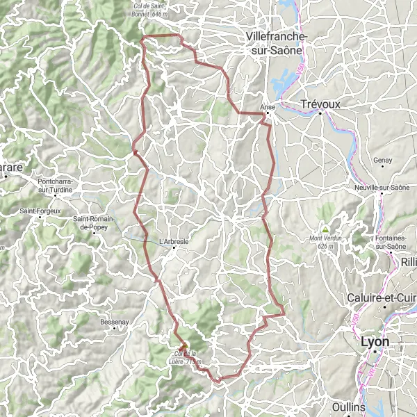 Miniatua del mapa de inspiración ciclista "Ruta desafiante de 83 km en grava desde Vaugneray" en Rhône-Alpes, France. Generado por Tarmacs.app planificador de rutas ciclistas