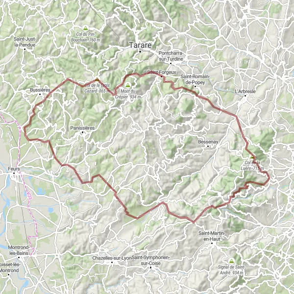 Miniaturní mapa "Okruhová cyklistická trasa okolo Vaugneray (gravel)" inspirace pro cyklisty v oblasti Rhône-Alpes, France. Vytvořeno pomocí plánovače tras Tarmacs.app