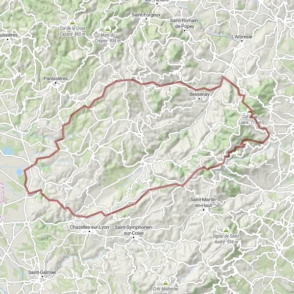 Map miniature of "Exploring the Countryside on Gravel Roads" cycling inspiration in Rhône-Alpes, France. Generated by Tarmacs.app cycling route planner