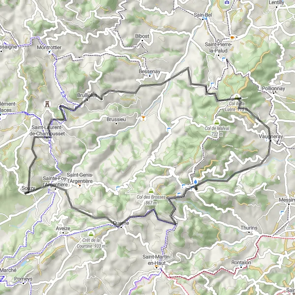 Karttaminiaatyyri "Hieman lyhyempi road-kiertue Yzeronista Vaugnerayhin" pyöräilyinspiraatiosta alueella Rhône-Alpes, France. Luotu Tarmacs.app pyöräilyreittisuunnittelijalla