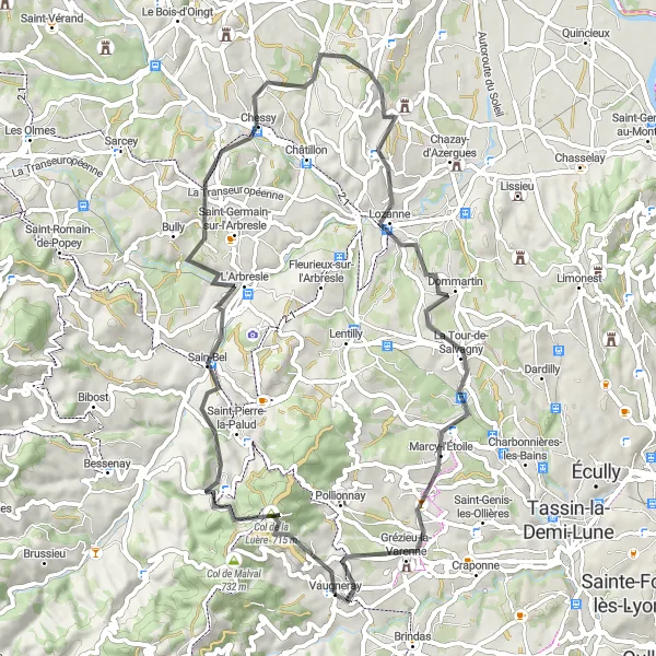 Miniature de la carte de l'inspiration cycliste "Les Collines de l'Ouest Lyonnais" dans la Rhône-Alpes, France. Générée par le planificateur d'itinéraire cycliste Tarmacs.app