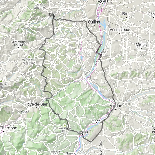 Kartminiatyr av "Utfordrende Utsiktspunkter i Rhône-Alpes" sykkelinspirasjon i Rhône-Alpes, France. Generert av Tarmacs.app sykkelrutoplanlegger