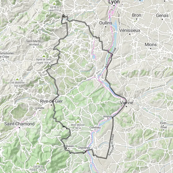 Zemljevid v pomanjšavi "Dolga kolesarska tura po hribih in dolinah" kolesarske inspiracije v Rhône-Alpes, France. Generirano z načrtovalcem kolesarskih poti Tarmacs.app