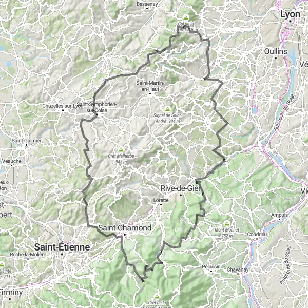 Miniature de la carte de l'inspiration cycliste "La Boucle des Sommets" dans la Rhône-Alpes, France. Générée par le planificateur d'itinéraire cycliste Tarmacs.app