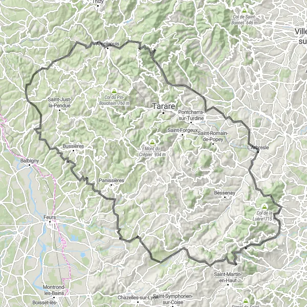 Karttaminiaatyyri "Vaugneray - Col de Malval - Vaugneray" pyöräilyinspiraatiosta alueella Rhône-Alpes, France. Luotu Tarmacs.app pyöräilyreittisuunnittelijalla