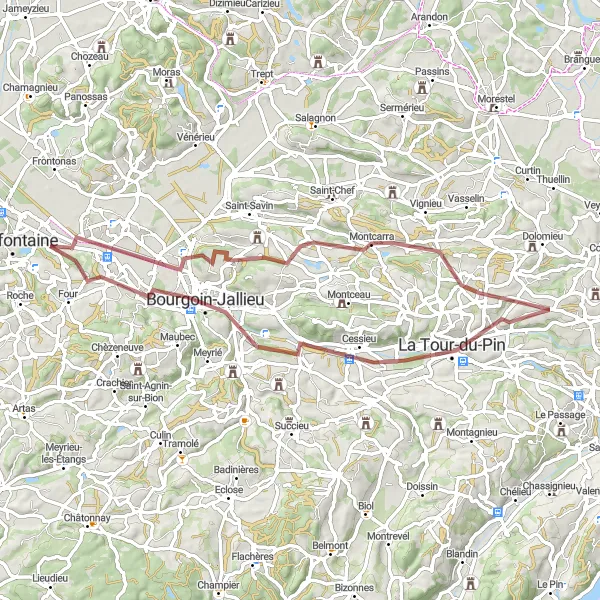 Map miniature of "Vaulx-Milieu Gravel Route 1" cycling inspiration in Rhône-Alpes, France. Generated by Tarmacs.app cycling route planner