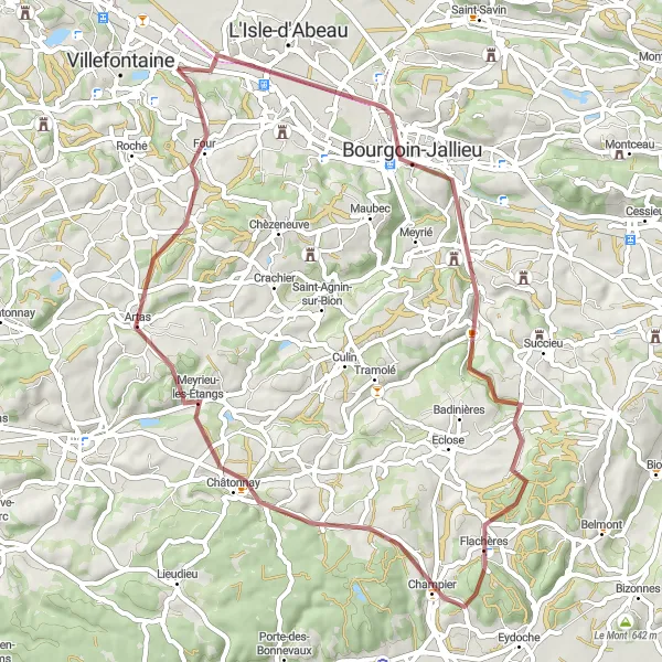 Map miniature of "Vaulx-Milieu Gravel Route 2" cycling inspiration in Rhône-Alpes, France. Generated by Tarmacs.app cycling route planner