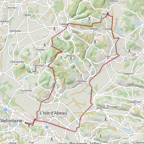 Miniatura della mappa di ispirazione al ciclismo "Avventura in Gravel tra Saint-Marcel-Bel-Accueil e Château de Monbaly" nella regione di Rhône-Alpes, France. Generata da Tarmacs.app, pianificatore di rotte ciclistiche