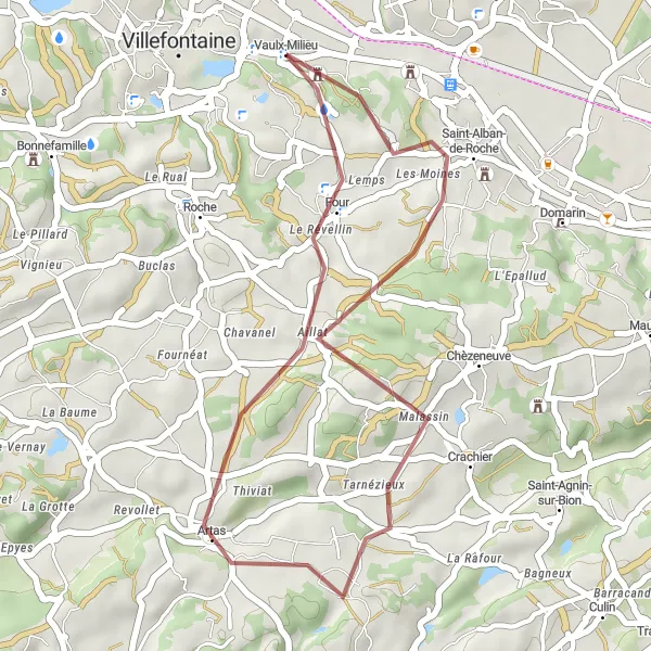 Map miniature of "The Peaceful Gravel Loop" cycling inspiration in Rhône-Alpes, France. Generated by Tarmacs.app cycling route planner