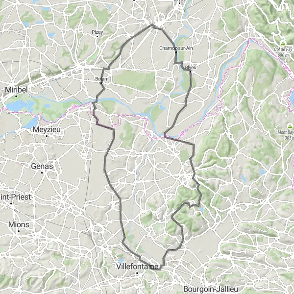 Map miniature of "Vaulx-Milieu Road Route 1" cycling inspiration in Rhône-Alpes, France. Generated by Tarmacs.app cycling route planner