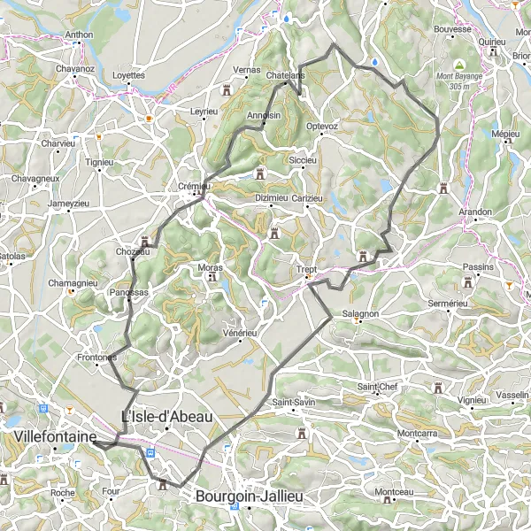 Miniatura della mappa di ispirazione al ciclismo "Avventura ciclistica attraverso Chozeau" nella regione di Rhône-Alpes, France. Generata da Tarmacs.app, pianificatore di rotte ciclistiche