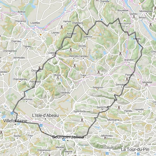 Map miniature of "The Hills of Rhône Valley" cycling inspiration in Rhône-Alpes, France. Generated by Tarmacs.app cycling route planner