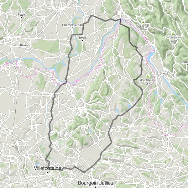 Map miniature of "Vaulx-Milieu and Surrounding Villages" cycling inspiration in Rhône-Alpes, France. Generated by Tarmacs.app cycling route planner