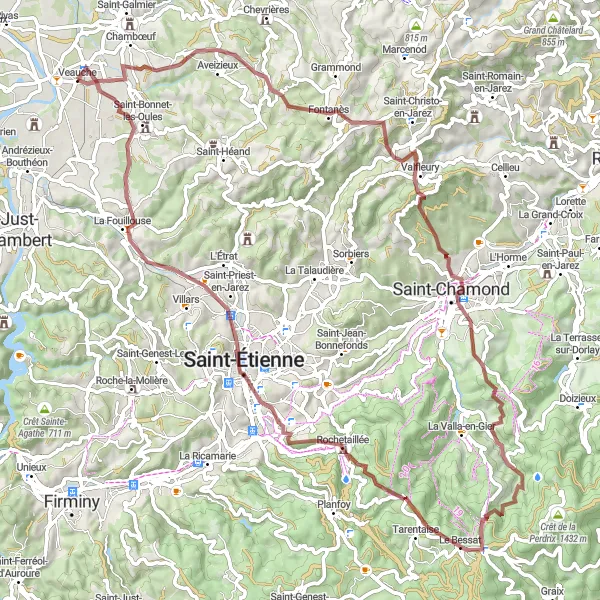 Miniature de la carte de l'inspiration cycliste "Boucle Veauche - Crêt Saint-Georges" dans la Rhône-Alpes, France. Générée par le planificateur d'itinéraire cycliste Tarmacs.app