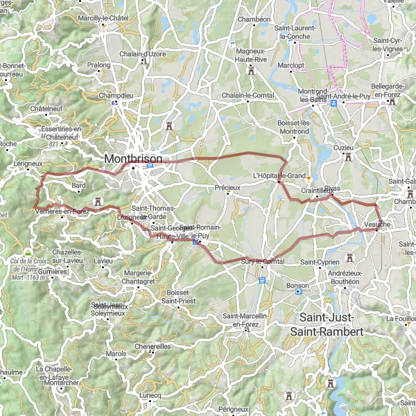Miniature de la carte de l'inspiration cycliste "Le Pic d'Os et Montbrison à Vélo Tout-Terrain" dans la Rhône-Alpes, France. Générée par le planificateur d'itinéraire cycliste Tarmacs.app
