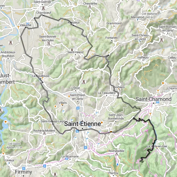Mapa miniatúra "Objavte Aveizieux a Saint-Étienne" cyklistická inšpirácia v Rhône-Alpes, France. Vygenerované cyklistickým plánovačom trás Tarmacs.app