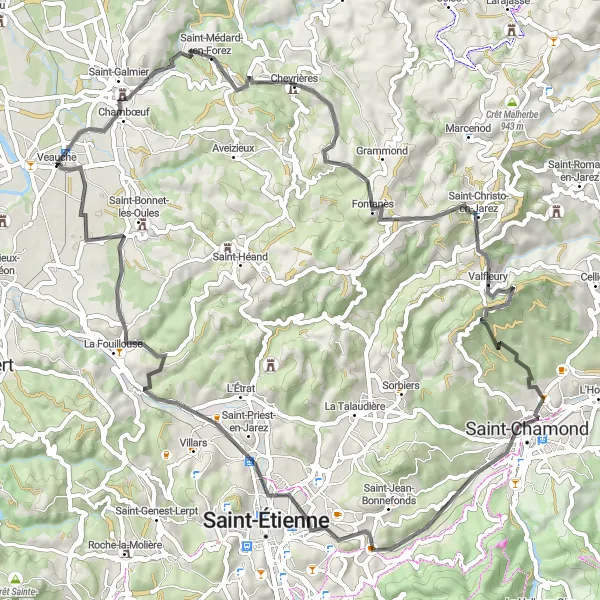 Miniature de la carte de l'inspiration cycliste "Boucle Road de Saint-Galmier à La Fouillouse" dans la Rhône-Alpes, France. Générée par le planificateur d'itinéraire cycliste Tarmacs.app