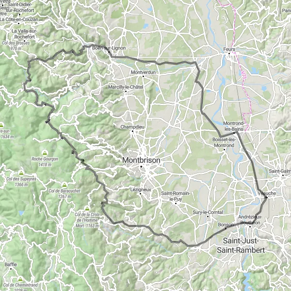 Mapa miniatúra "Cyklistická trasa Andrézieux-Bouthéon - Veauche" cyklistická inšpirácia v Rhône-Alpes, France. Vygenerované cyklistickým plánovačom trás Tarmacs.app