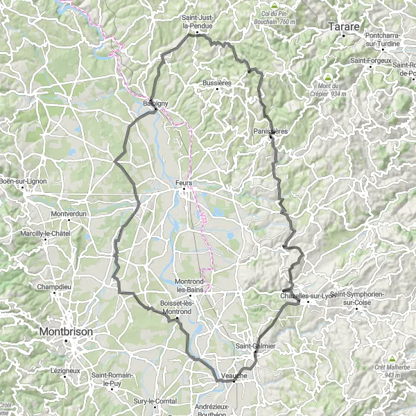 Miniature de la carte de l'inspiration cycliste "Parcours Road de Veauchette à Saint-Galmier" dans la Rhône-Alpes, France. Générée par le planificateur d'itinéraire cycliste Tarmacs.app