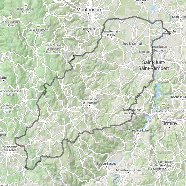 Miniature de la carte de l'inspiration cycliste "Boucle Veauche - Saint-Georges-Haute-Ville" dans la Rhône-Alpes, France. Générée par le planificateur d'itinéraire cycliste Tarmacs.app