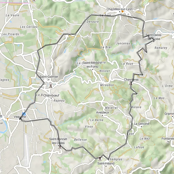Miniatura mapy "Przejazd do Chazelles-sur-Lyon" - trasy rowerowej w Rhône-Alpes, France. Wygenerowane przez planer tras rowerowych Tarmacs.app