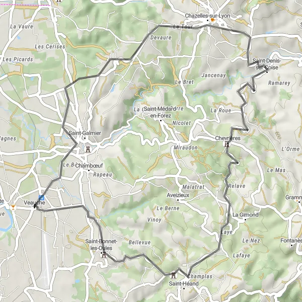 Miniatura della mappa di ispirazione al ciclismo "Giro in bici attraverso Chazelles-sur-Lyon e Saint-Héand" nella regione di Rhône-Alpes, France. Generata da Tarmacs.app, pianificatore di rotte ciclistiche