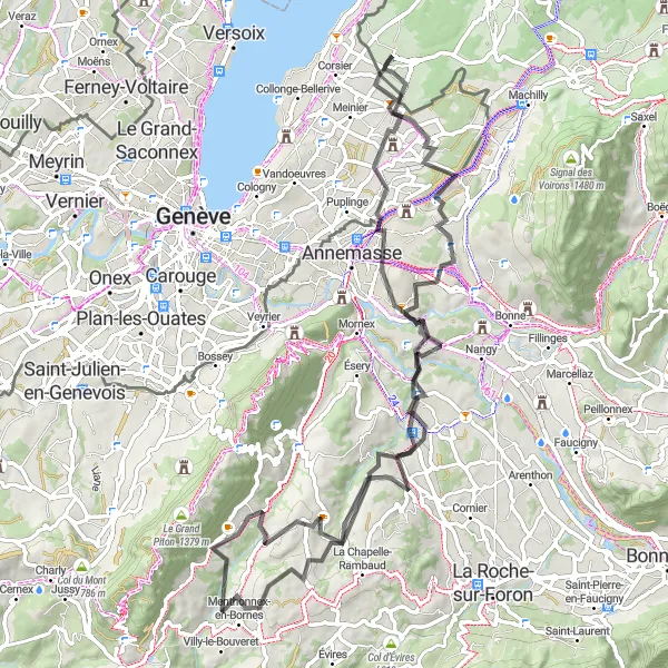 Map miniature of "Veigy to Jussy Ride" cycling inspiration in Rhône-Alpes, France. Generated by Tarmacs.app cycling route planner