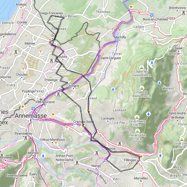 Miniatua del mapa de inspiración ciclista "Ruta corta en bicicleta por carretera desde Veigy-Foncenex a Gy" en Rhône-Alpes, France. Generado por Tarmacs.app planificador de rutas ciclistas