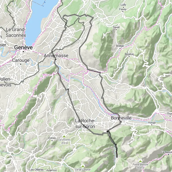 Mapa miniatúra "Veigy-Foncenex - Bonneville - Annemasse - Gy - Veigy-Foncenex" cyklistická inšpirácia v Rhône-Alpes, France. Vygenerované cyklistickým plánovačom trás Tarmacs.app
