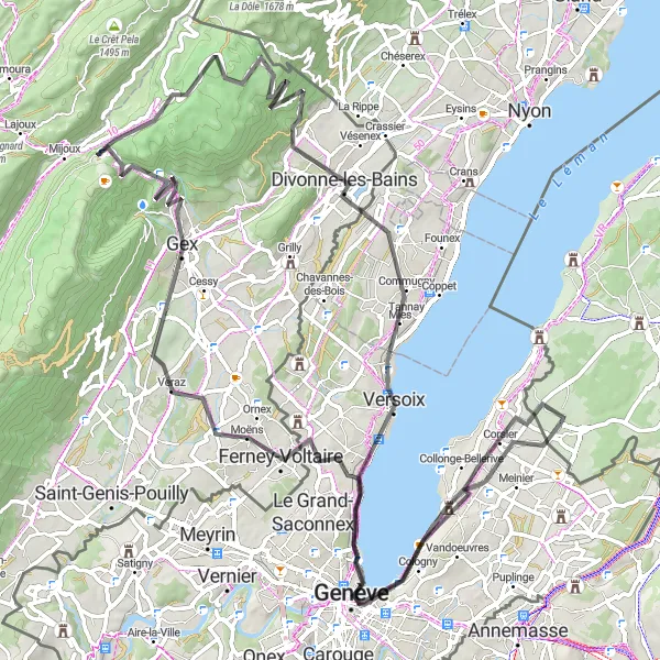 Miniatura della mappa di ispirazione al ciclismo "Giro tra Francia e Svizzera" nella regione di Rhône-Alpes, France. Generata da Tarmacs.app, pianificatore di rotte ciclistiche