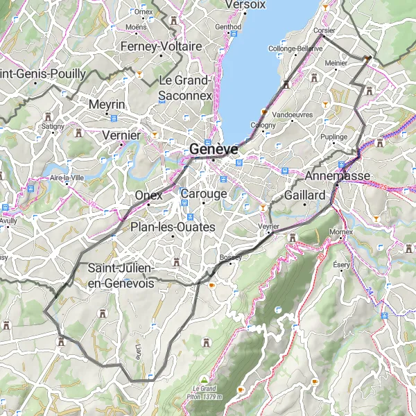 Miniatua del mapa de inspiración ciclista "Recorrido en bicicleta de 60 km desde Veigy a Corsier" en Rhône-Alpes, France. Generado por Tarmacs.app planificador de rutas ciclistas