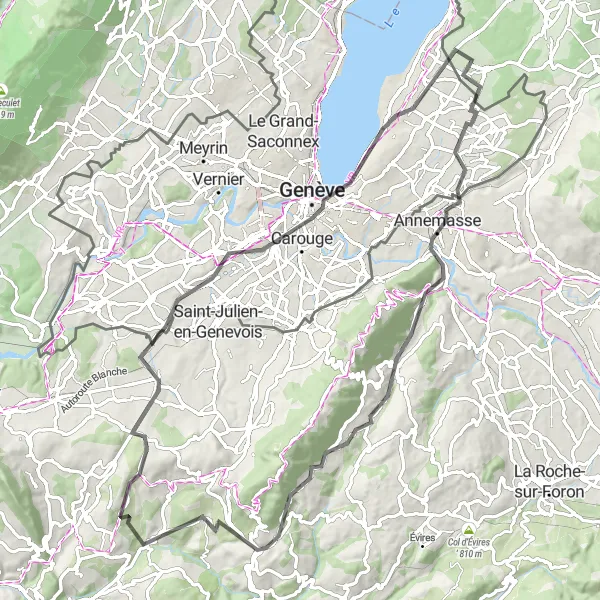 Kartminiatyr av "Veigy-Foncenex til Château de Rouelbeau via Geneva" sykkelinspirasjon i Rhône-Alpes, France. Generert av Tarmacs.app sykkelrutoplanlegger