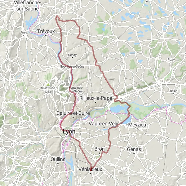 Miniatua del mapa de inspiración ciclista "Aventura en caminos de grava desde Vénissieux" en Rhône-Alpes, France. Generado por Tarmacs.app planificador de rutas ciclistas