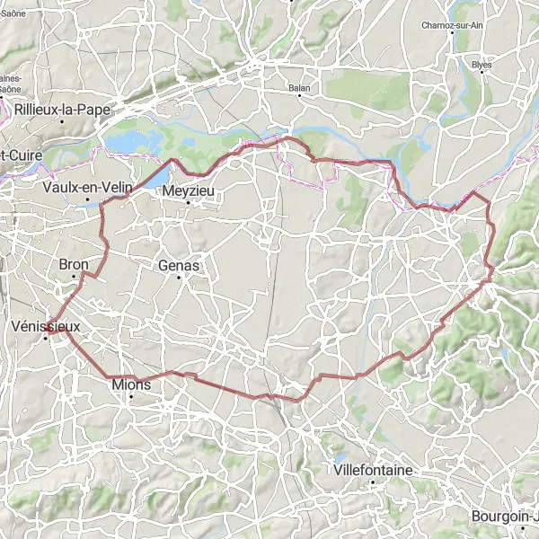 Zemljevid v pomanjšavi "Gorski kolesarski izlet skozi Décines-Charpieu in Mions" kolesarske inspiracije v Rhône-Alpes, France. Generirano z načrtovalcem kolesarskih poti Tarmacs.app