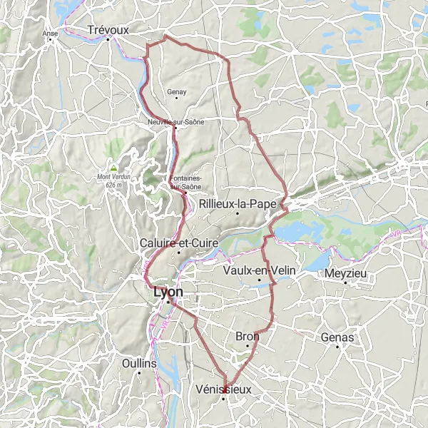 Miniatua del mapa de inspiración ciclista "Ruta por caminos de grava desde Vénissieux" en Rhône-Alpes, France. Generado por Tarmacs.app planificador de rutas ciclistas