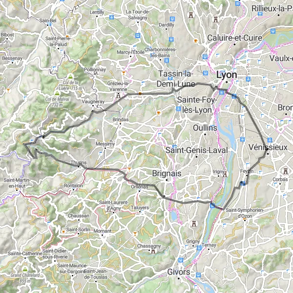 Kartminiatyr av "Vägcykling till Gare de Vénissieux" cykelinspiration i Rhône-Alpes, France. Genererad av Tarmacs.app cykelruttplanerare