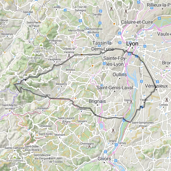 Map miniature of "Backroads of Vénissieux" cycling inspiration in Rhône-Alpes, France. Generated by Tarmacs.app cycling route planner