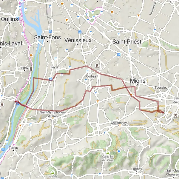Miniatua del mapa de inspiración ciclista "Ruta de Grava por los alrededores de Vernaison" en Rhône-Alpes, France. Generado por Tarmacs.app planificador de rutas ciclistas