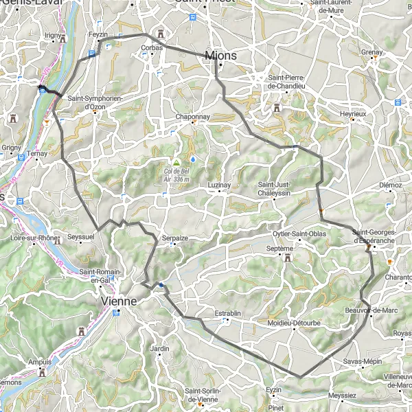 Karttaminiaatyyri "Vernaison - Corbas - Saint-Georges-d'Espéranche - Pont-Évêque - Vernaison" pyöräilyinspiraatiosta alueella Rhône-Alpes, France. Luotu Tarmacs.app pyöräilyreittisuunnittelijalla