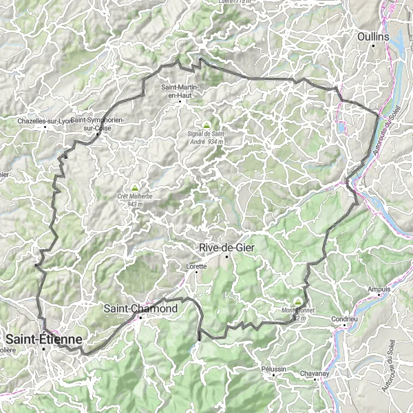 Karttaminiaatyyri "Vernaison - Grigny - La Chapelle-Villars - Mont Monnet - La-Croix-du-Mazet - Saint-Paul-en-Jarez - Tour observatoire - Saint-Priest-en-Jarez - Chevrières - La Chapelle-sur-Coise - Thurins - Brignais" pyöräilyinspiraatiosta alueella Rhône-Alpes, France. Luotu Tarmacs.app pyöräilyreittisuunnittelijalla