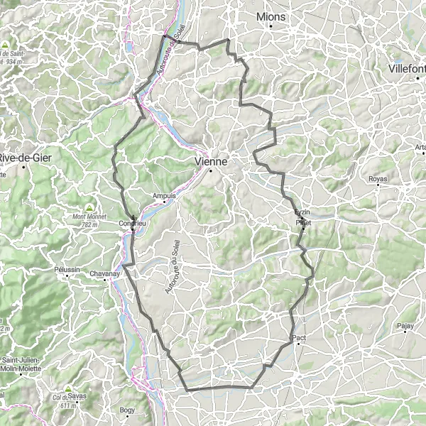 Miniature de la carte de l'inspiration cycliste "Escapade vers Saint-Clair-du-Rhône" dans la Rhône-Alpes, France. Générée par le planificateur d'itinéraire cycliste Tarmacs.app