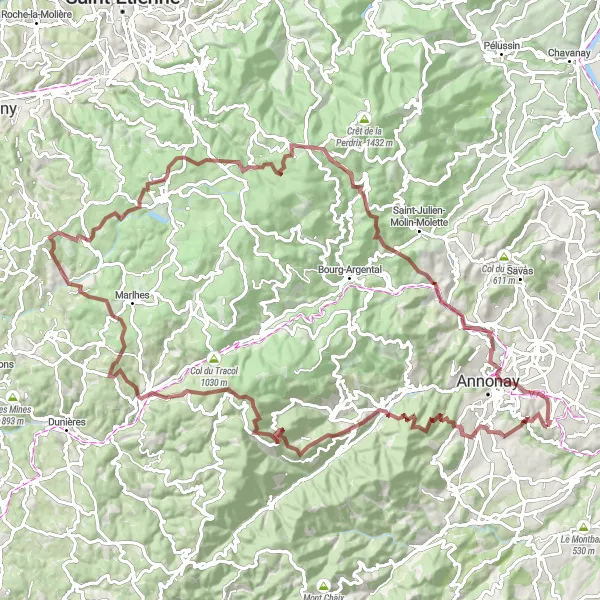 Miniatua del mapa de inspiración ciclista "Ruta de Grava de Vernosc-lès-Annonay a Vernosc-lès-Annonay" en Rhône-Alpes, France. Generado por Tarmacs.app planificador de rutas ciclistas