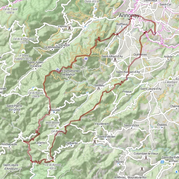 Map miniature of "Vernosc-lès-Annonay - Le Chirat Blanc Gravel Adventure" cycling inspiration in Rhône-Alpes, France. Generated by Tarmacs.app cycling route planner