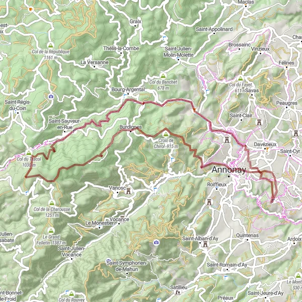 Map miniature of "Relaxing Gravel Ride" cycling inspiration in Rhône-Alpes, France. Generated by Tarmacs.app cycling route planner