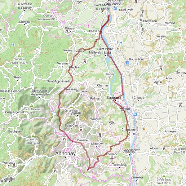 Map miniature of "Challenging Gravel Circuit" cycling inspiration in Rhône-Alpes, France. Generated by Tarmacs.app cycling route planner