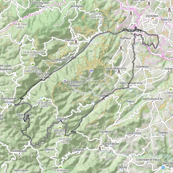 Miniatua del mapa de inspiración ciclista "Travesía a través de los colinas" en Rhône-Alpes, France. Generado por Tarmacs.app planificador de rutas ciclistas